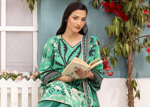 GREEN 3PIECE PRINTED LAWN