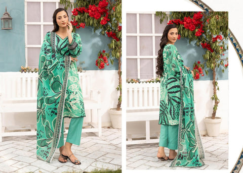 GREEN 3PIECE PRINTED LAWN
