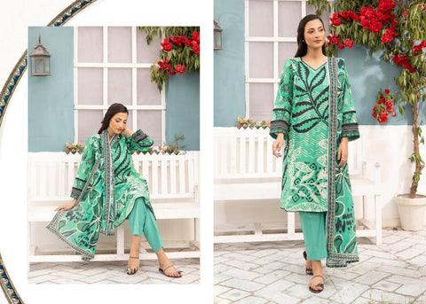 GREEN 3PIECE PRINTED LAWN