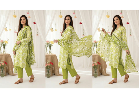 GREEN 3PIECE PRINTED LAWN