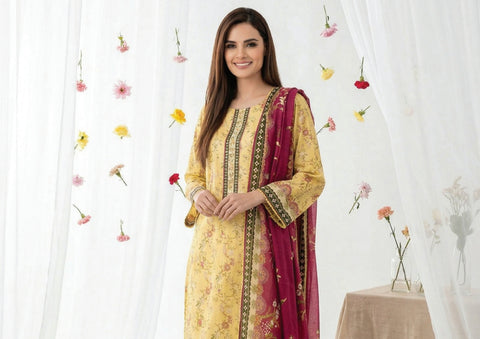 YELLOW 3PIECE PRINTED LAWN